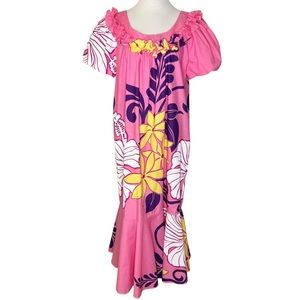 Hilo Hattie Tiare Ruffle Neck Muu Muu Dress Size XL Pink Floral Puff Sleeves